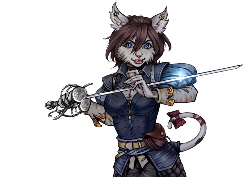 accessory anthro belt blue_eyes bow_ribbon breasts brown_hair ear_piercing female fur furgonomics grey_body grey_fur hair holding_rapier light_armor melee_weapon piercing pouch_(clothing) rapier ribbons simple_background smile solo sword tail tail_accessory tail_bow tail_ribbon weapon white_background werility domestic_cat felid feline felis mammal 2020 absurd_res detailed digital_media_(artwork) hi_res