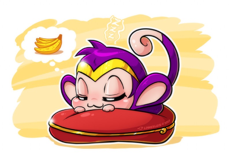 :3 banana eyes_closed female feral food fruit fur plant purple_body purple_fur sleeping solo linkerluis shantae_(series) wayforward shantae_(monkey_form) haplorhine mammal monkey primate 2017 digital_drawing_(artwork) digital_media_(artwork)