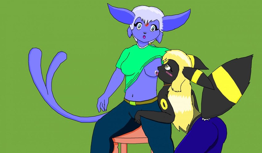 anthro chair duo female female/female furniture hair nipple_fetish nipple_play nipple_suck simple_background sitting sucking tail undressing_another undressing_partner luigi-vaporeon nintendo pokemon eeveelution espeon generation_2_pokemon pokemon_(species) umbreon