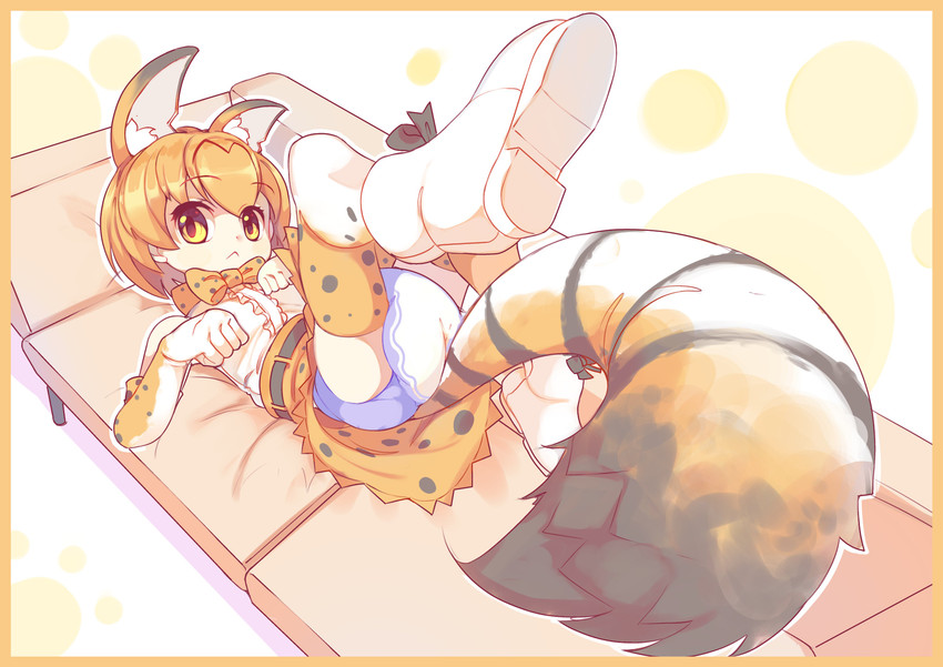 boots bottomwear bow_(feature) clean_diaper clothed clothing diaper female fist footwear fur furniture looking_at_viewer lying on_back raised_leg shoes skirt sofa solo tail tail_under_skirt wearing_diaper diver_(artist) kemono_friends serval-chan animal_humanoid felid felid_humanoid feline feline_humanoid humanoid mammal mammal_humanoid serval_humanoid absurd_res hi_res