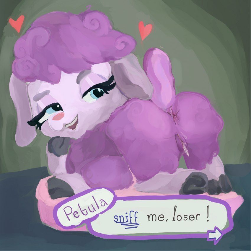 anus bedroom_eyes bodily_fluids butt female feral fur genital_fluids genitals heart_symbol hooves narrowed_eyes presenting presenting_hindquarters purple_body purple_fur purple_wool pussy seductive solo tail tail_anus vaginal_fluids wool_(fur) miaucandies hasbro littlest_pet_shop littlest_pet_shop:_a_world_of_our_own petula_woolwright bovid caprine mammal sheep 1:1 absurd_res hi_res