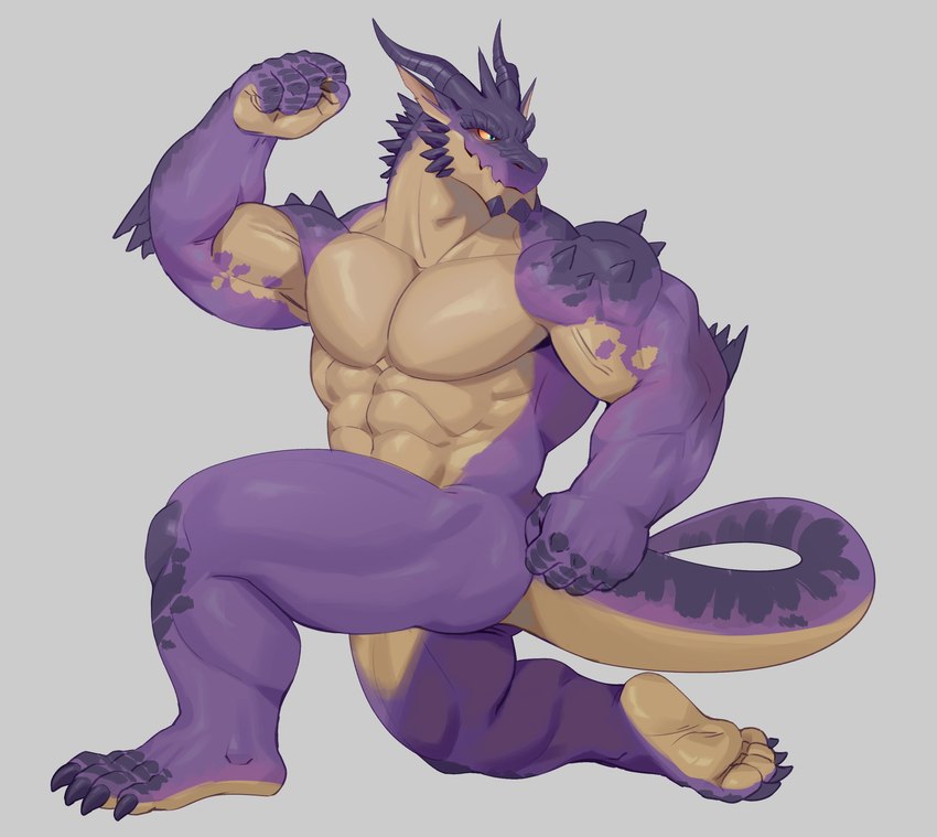 4_toes 5_fingers abs anthro athletic biceps blue_eyes claws covering covering_crotch feet fingers flexing flexing_bicep flexing_muscles glowing_sclera grey_background horn kneeling looking_aside male muscular muscular_anthro muscular_legs muscular_male nude pecs pose purple_body purple_scales scales serratus simple_background solo spiked_body spikes spikes_(anatomy) tail tan_body tan_skin toes vein veiny_muscles adios mythology dragon mythological_creature mythological_scalie scalie wingless_dragon absurd_res hi_res