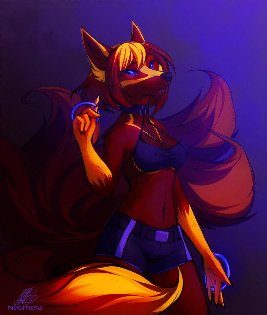 4_fingers anthro blue_eyes breasts clothed clothing female fingers fur hair midriff navel red_body red_fur red_hair smile solo neotheta canid canine fox mammal 2018 digital_media_(artwork) hi_res