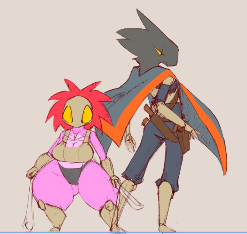 anthro big_breasts black_body black_feathers breasts cape clothing duo feathers female hair huge_hips huge_thighs hyper hyper_thighs knife male melee_weapon purple_body purple_scales ranged_weapon red_hair scales short_stack thick_thighs weapon wide_hips yellow_eyes yellow_sclera plaga brittle_(plaga) maverick_(plaga) avian bird corvid corvus_(genus) crow gravelin lizard oscine passerine reptile scalie 2024 digital_media_(artwork)