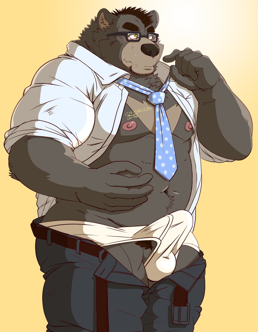 anthro belly bottomwear bulge clothed clothing erection erection_under_clothing eyewear glasses kemono male moobs navel necktie nipples open_clothing open_shirt open_topwear overweight overweight_male pants shirt simple_background solo topwear underwear raichoclub bear mammal 2025 absurd_res hi_res