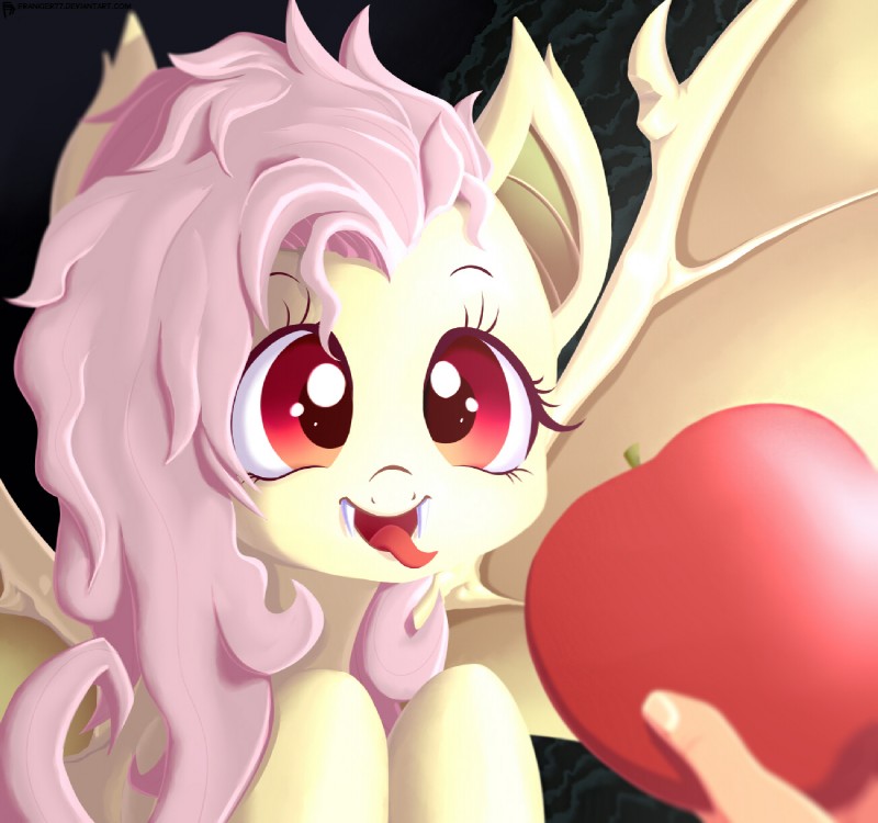 apple bat_wings eyelashes fangs female feral food fruit fur hair hooves long_hair membrane_(anatomy) membranous_wings open_mouth pink_hair plant red_eyes solo teeth tongue tongue_out wings yellow_body yellow_fur frankier77 friendship_is_magic hasbro my_little_pony flutterbat_(mlp) fluttershy_(mlp) bat_pony equid hybrid mammal hi_res