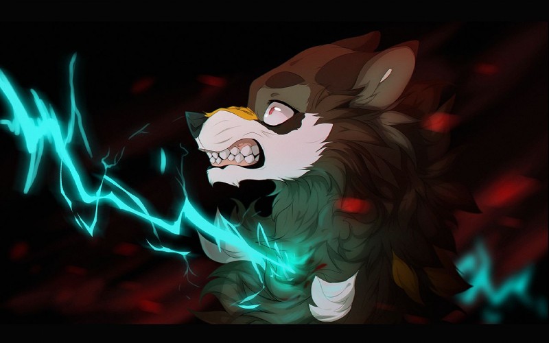 black_bars black_lips black_nose electricity feral fur grey_body grey_fur lightning lips solo teeth rikitoka canid canine canis domestic_dog mammal 16:10 widescreen