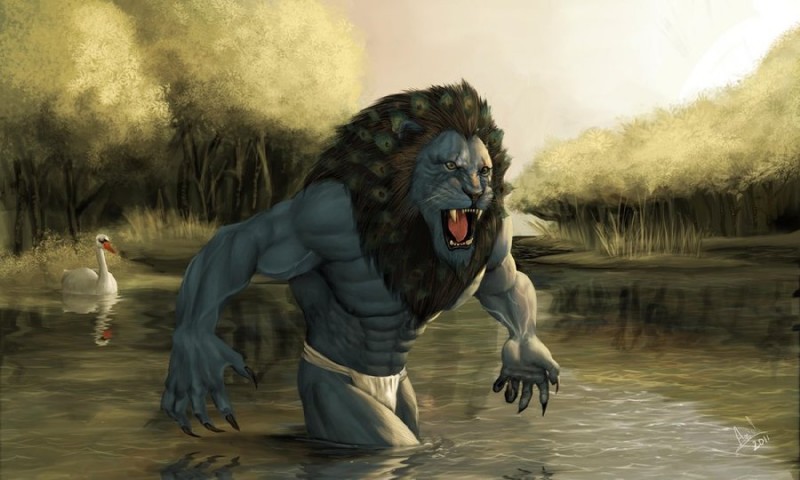 abs action_pose anthro biceps big_muscles bottomwear brown_nose claws clothed clothing detailed_background duo eye_scar facial_scar fangs feral forest front_view grey_body grey_eyes grey_skin hindu loincloth male mane muscular nature nipples open_mouth outside pecs plant pose religion river scar sharp_teeth sky solo_focus standing teeth topless tree underwear vein walking water whiskers molee asian_mythology hindu_mythology mythology narasimha anatid anseriform anserinae avian bird deity felid galliform hybrid lion mammal mute_swan pantherine peafowl phasianid swan 2011 5:3 detailed digital_media_(artwork)