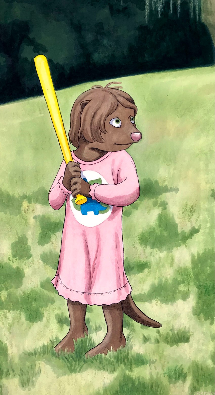 anthro baseball_bat bat_(object) brown_body brown_fur brown_hair clothed clothing female fur grass hair hill holding_bat holding_object looking_ahead neutral_expression nightgown outside pajamas paws pink_nightgown pink_nose plant short_hair solo standing tail young christaphorac mammal mustelid otter absurd_res hi_res traditional_media_(artwork)