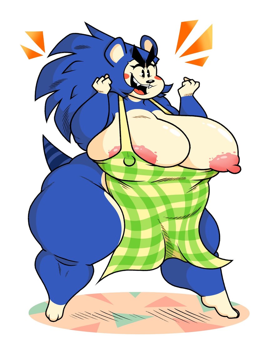 anthro apron apron_only areola big_breasts black_eyes blue_hair blush blush_stickers breasts clothing eyebrows female fist hair huge_breasts huge_thighs mostly_nude multicolored_body nipple_slip nipples open_mouth overweight overweight_anthro overweight_female pink_nipples solo thick_eyebrows thick_thighs two_tone_body wide_hips redphlannel animal_crossing nintendo mabel_able eulipotyphlan hedgehog mammal hi_res