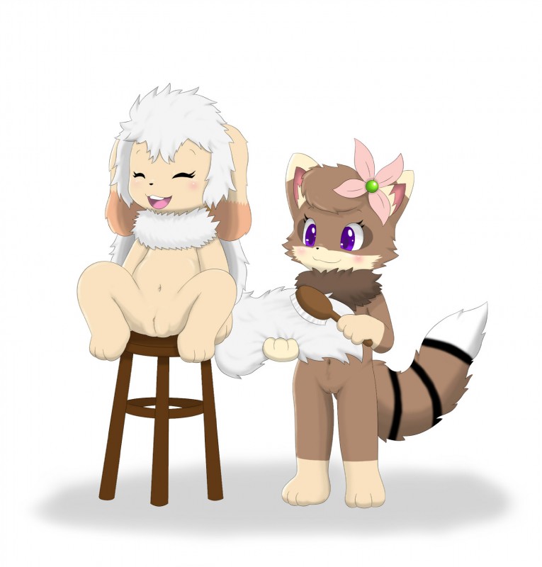 anthro blush brush chair clitoris duo female flower furniture genitals hair navel nude plant pussy simple_background spread_legs spreading white_background white_hair young young_anthro winick-lim mei_(sirbrownbear) momo_(sirbrownbear) canid canine canis domestic_cat domestic_dog felid feline felis mammal procyonid raccoon hi_res