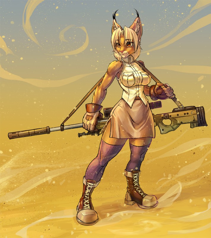 anthro arctic_warfare_(gun) bipod breasts clothed clothing desert female gloves gun handwear l115 muscular muscular_anthro muscular_female outside ranged_weapon rifle rifle_scope sand silencer skimpy sniper sniper_rifle solo standing weapon weaver_rail saikono rona felid feline lynx mammal full-length_portrait portrait