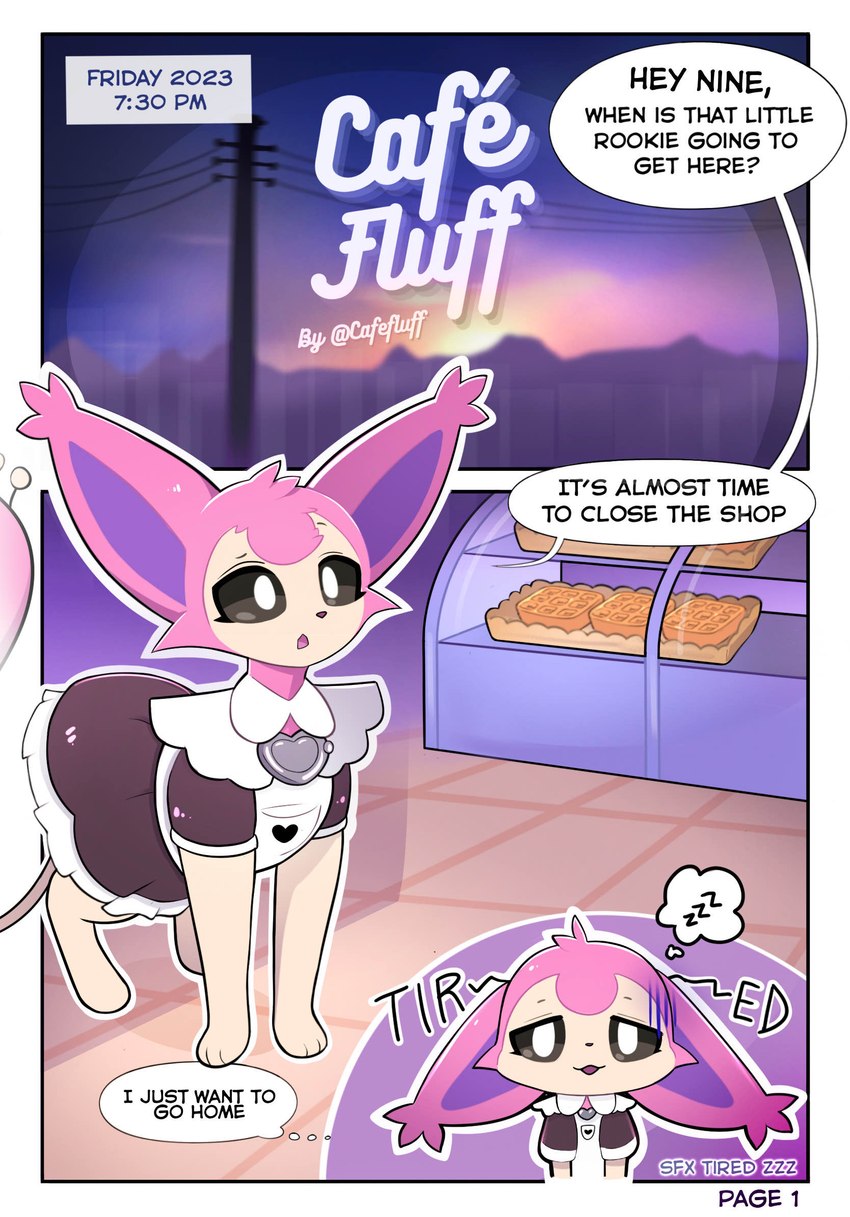 anthro clothing comic_panel dialogue female feral maid_uniform solo sorbet text uniform cafefluff softfluff toyfluff nintendo pokemon eve felid feline generation_1_pokemon generation_3_pokemon legendary_pokemon mammal mew_(pokemon) ninetales pokemon_(species) skitty comic english_text hi_res