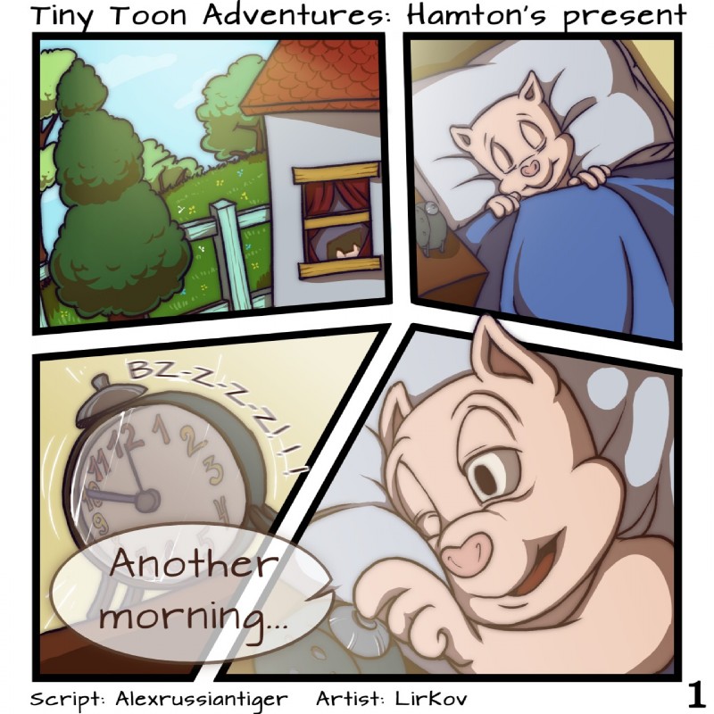 alarm_clock building clock detailed_background house male plant solo text tree lirkov tiny_toon_adventures warner_brothers hamton_j._pig domestic_pig mammal suid suine sus_(pig) 1:1 2018 comic digital_media_(artwork) english_text hi_res