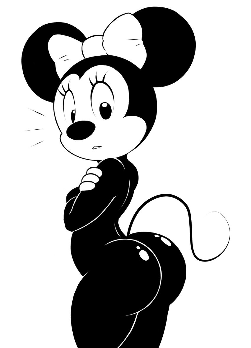 anthro big_butt black_body black_fur bow_ribbon breasts butt clothing female fur gloves handwear looking_at_viewer looking_back mostly_nude short_stack small_breasts solo thick_thighs wide_hips spotty_the_cheetah disney minnie_mouse mammal mouse murid murine rodent black_and_white hi_res monochrome