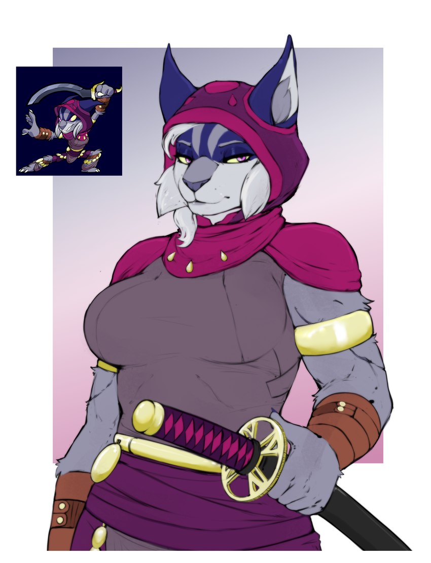 anthro arm_scar armor bracers breasts clothing female fur gold_(metal) gold_jewelry gold_ring grey_body grey_fur hood inner_ear_fluff jewelry katana looking_at_viewer melee_weapon pink_pupils pupils ring scar solo sword tuft waist_accessory warrior weapon whiskers ququqee399e brawlhalla asuri_(brawlhalla) felid feline lynx mammal absurd_res hi_res