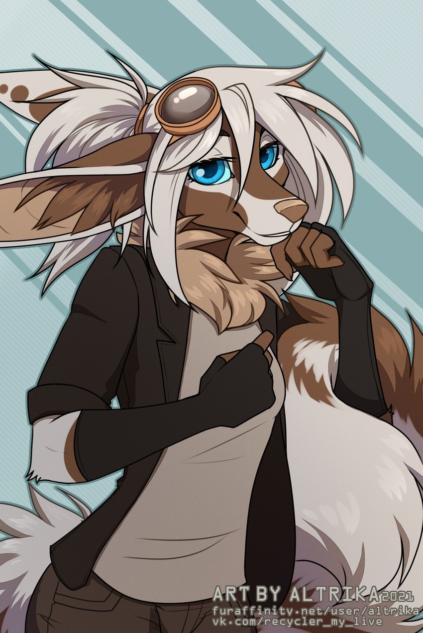 anthro blue_background blue_eyes brown_body brown_fur clothed clothing eyewear female fingerless_gloves fully_clothed fur gloves gloves_(marking) goggles hair handwear inner_ear_fluff looking_at_viewer markings simple_background solo text tuft altrika melody_(aseethe) canid canine fennec_fox fox mammal true_fox 2021 artist_name hi_res url