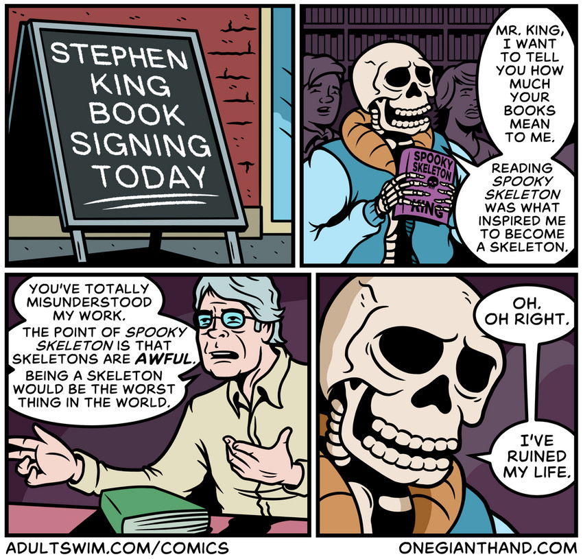 bone book border clothing eyewear glasses grey_hair hair humor jacket male not_furry shirt skeleton skull speech_bubble text topwear white_border onegianthand stephen_king_(copyright) animated_skeleton human mammal undead 2020 comic english_text hi_res signature url