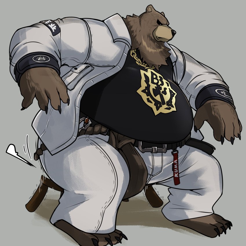 anthro belly big_belly black_clothing black_nose black_sclera black_shirt black_topwear bottomwear broken_chair broken_furniture brown_body brown_fur clothing fur humanoid_hands jacket kemono male overweight overweight_anthro overweight_male pants shirt simple_background sitting solo topwear white_bottomwear white_clothing white_jacket white_pants white_topwear 96_gatefield mihoyo zenless_zone_zero ben_bigger bear mammal 1:1 2023 hi_res