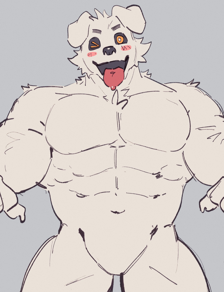 anthro barazoku big_muscles black_sclera blush blush_lines bodily_fluids featureless_crotch floppy_ears fur male muscular muscular_anthro muscular_male nude_anthro nude_male saliva saliva_on_tongue solo tongue tongue_out white_body white_fur yellow_eyes hemuchang canid canine canis domestic_dog ghost mammal spirit 2022 hi_res