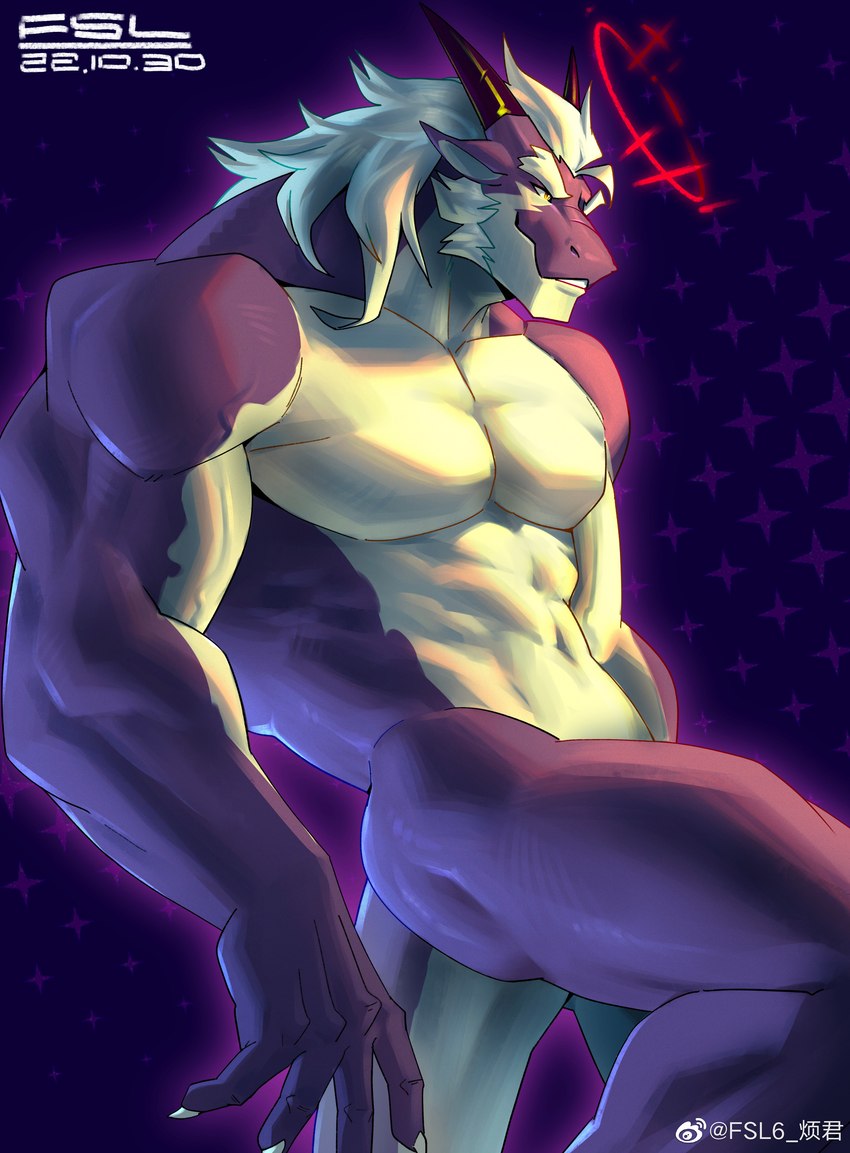 2_horns abs anthro big_pecs butt countershading facial_hair hair halo horn male muscular muscular_anthro muscular_arms muscular_male nude pecs purple_body purple_scales red_halo scales sideburns solo sparkling_background tail white_body white_hair yellow_eyes fansl mythology dragon mythological_creature mythological_scalie scalie wingless_dragon 2022 absurd_res dated digital_media_(artwork) hi_res signature