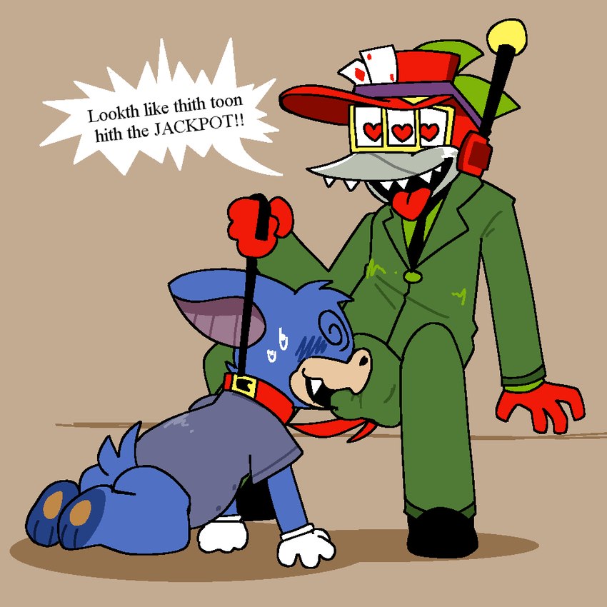 3_eyes all_fours anthro balls_outline bdsm beak blue_body blue_fur blush bodily_fluids bulge clothing collar detailed_bulge dialogue duo feet fur genital_outline green_clothing green_suit heart_eyes heart_symbol hindpaw leash leashed_collar lever machine male male/male metal multi_eye necktie open_mouth paws petplay red_body roleplay sharp_teeth simple_background speech_bubble spiral_eyes suit sweat tail teeth tongue toothed_beak pawplants toontown toontown_corporate_clash toontown_online duck_shuffler_(ttcc) anatid anseriform avian bat bird cog_(toontown) duck mammal robot 2022 digital_media_(artwork)