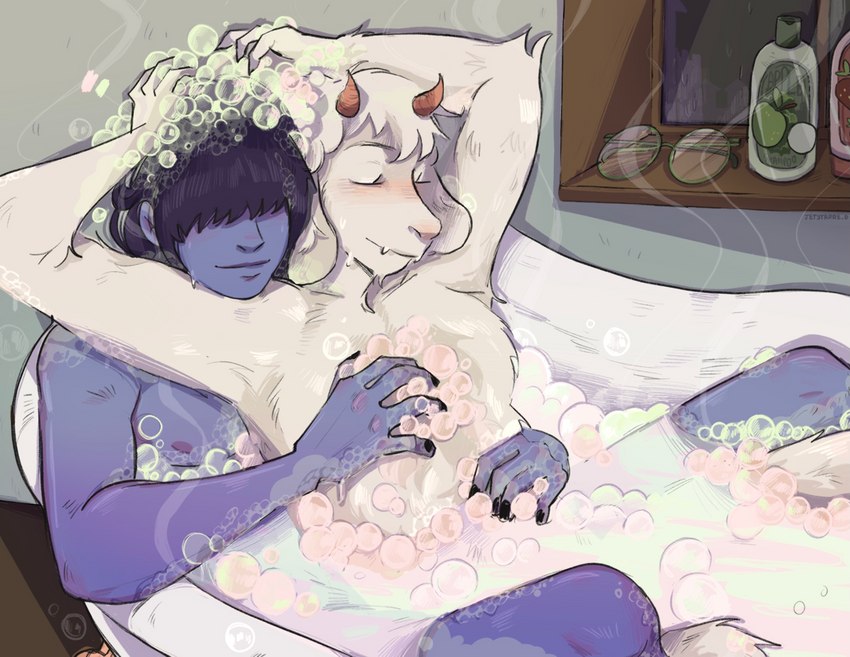 anthro bathing blue_body blue_skin duo eyewear fur glasses horn male male/male nude shampoo soap_bubbles white_body white_fur jetstarred deltarune undertale_(series) kris_(deltarune) ralsei bovid caprine goat human mammal hi_res