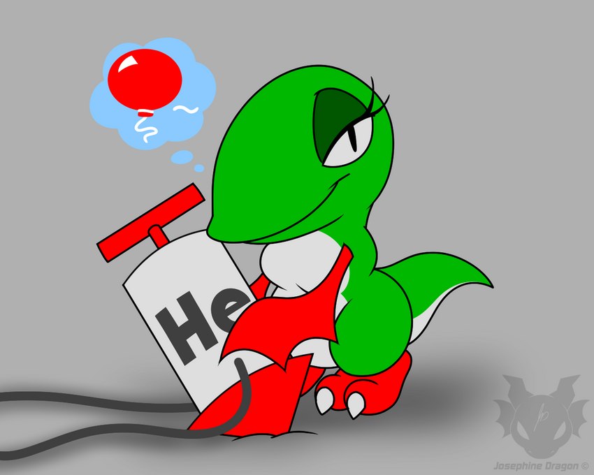 air_pump balloon helium_tank implied_inflation inflatable logo shadow smile smiling_at_viewer smirk smirking_at_viewer solo speech_bubble tilde_after_text jouigidragon dig_dug fygar 2023 5:4 artist_logo artist_name