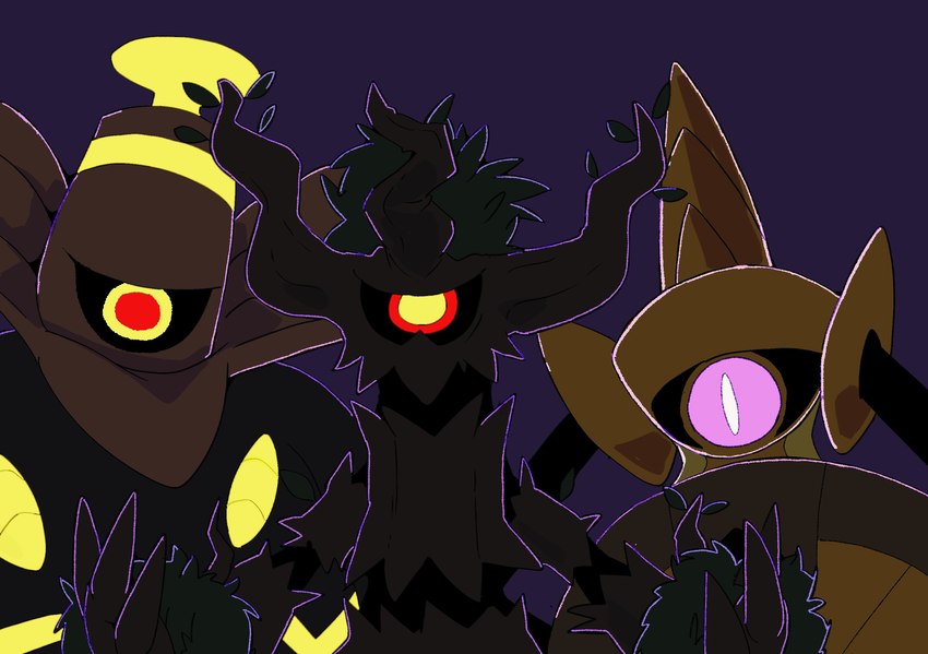 1_eye ambiguous_gender group looking_at_viewer plant purple_eyes red_eyes tree trio winte nintendo pokemon aegislash dusknoir generation_4_pokemon generation_6_pokemon ghost humanoid pokemon_(species) spirit trevenant hi_res