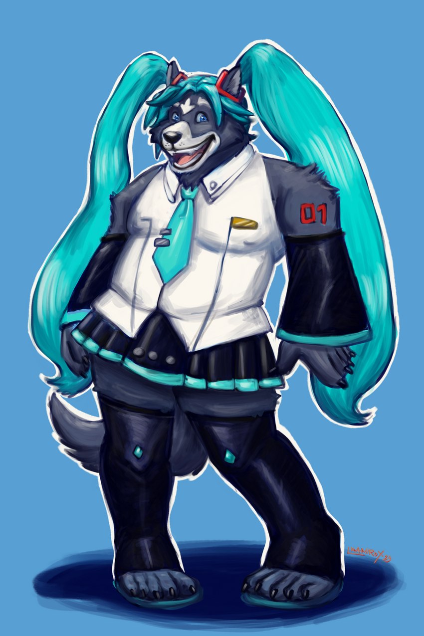 alternative_fashion anthro blue_background blue_eyes clothed clothing cosplay crossdressing cyberpop fur grey_body grey_fur hair j-fashion male necktie simple_background solo teal_hair teal_necktie turquoise_hair alexyorim adastra adastra_(series) echo_project vocaloid amicus_(adastra) hatsune_miku canid canine canis mammal wolf 2:3 hi_res