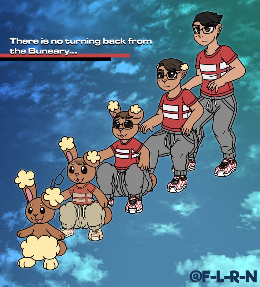 brown_body brown_fur clothed clothing discarded_clothing dissolving_clothing ear_growth eyewear feral fur fur_growth glasses growth male markings mole_(marking) morphing naturally_censored nude rabbit_ears shrinking size_transformation smile solo tan_body tan_fur text transformation transformation_sequence flrnfluff animorphs nintendo pokemon buneary generation_4_pokemon human lagomorph leporid mammal pokemon_(species) rabbit crossover english_text hi_res signature