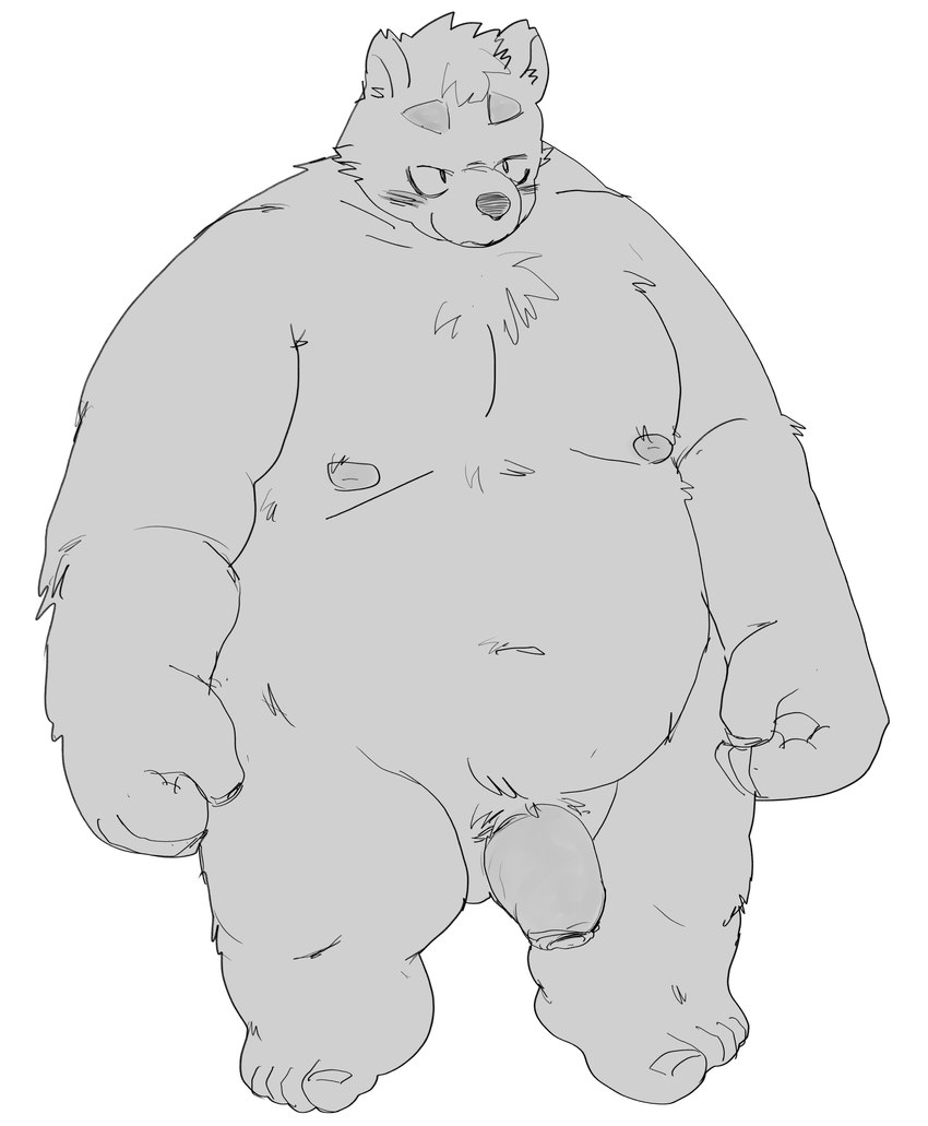 anthro balls belly biped blush genitals humanoid_genitalia humanoid_hands humanoid_penis kemono male moobs nipples overweight overweight_male penis simple_background solo white_background moujya bear mammal 2021 hi_res monochrome