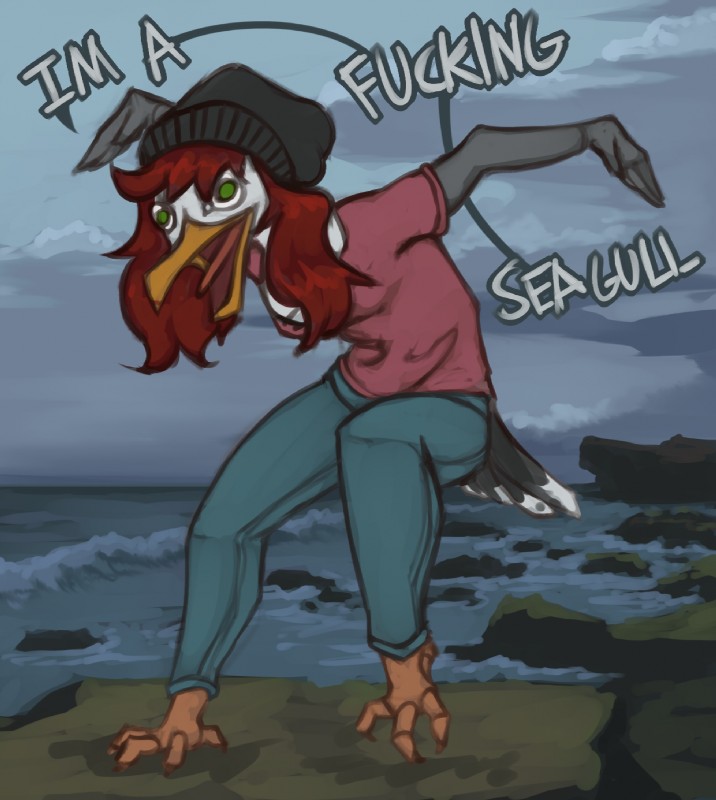 4_toes anisodactyl anthro avian_feet clothed clothing crazed feet female green_eyes open_mouth profanity seaside solo talons text toes marsminer avian bird gull lari larid english_text hi_res