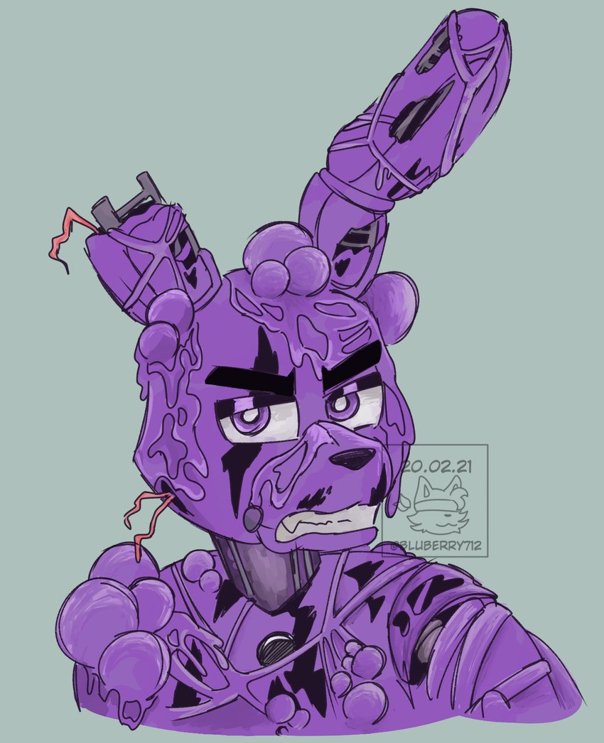 angry anthro big_ears black_nose frown grey_background half-closed_eyes long_ears looking_at_viewer machine male narrowed_eyes notched_ear purple_body purple_eyes sharp_teeth simple_background solo teeth torn_arm torn_body torn_face toxic_waste wire bluberry712 five_nights_at_freddy's five_nights_at_freddy's_3 five_nights_at_freddy's_ar scottgames springtrap_(fnaf) toxic_springtrap_(fnaf) animatronic lagomorph leporid mammal rabbit robot 2021 bust_portrait hi_res portrait