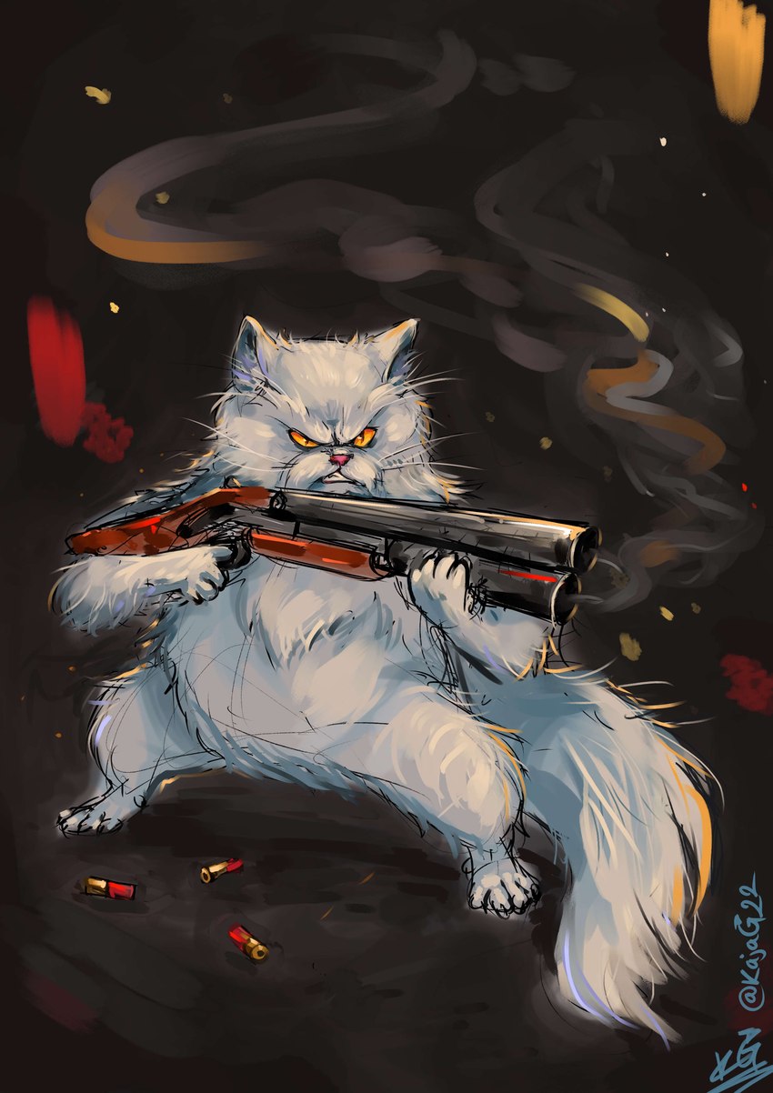 anthro biped fur gun holding_gun holding_object holding_ranged_weapon holding_shotgun holding_weapon male pupils ranged_weapon shotgun slit_pupils solo tail weapon whiskers white_body white_fur kajag mr._tinkles domestic_cat felid feline felis mammal absurd_res hi_res