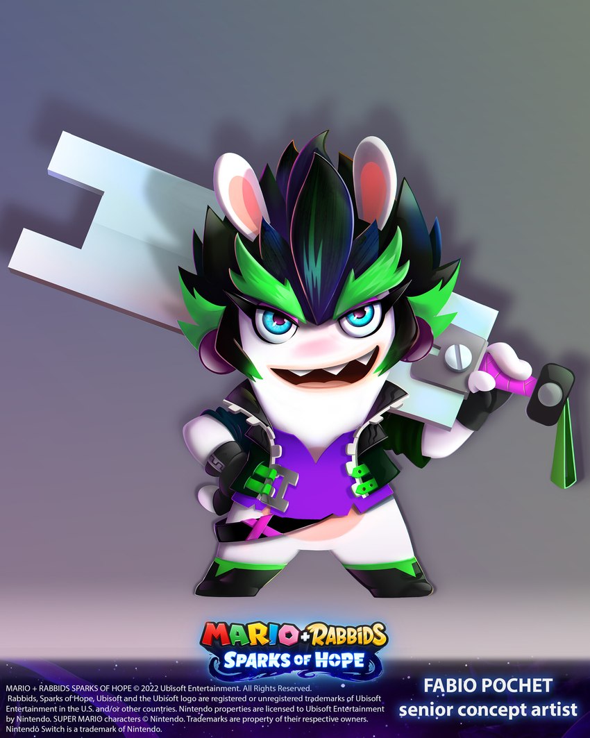 anthro arms_bent belt black_belt black_boots black_clothing black_footwear black_hair black_handwear black_jacket black_mittens black_topwear blue_eyes boots clothed clothing eyebrows eyelashes eyeshadow featureless_crotch female female_anthro flat_chested footwear front_view fur green_eyebrows green_hair grey_background hair handwear holding_melee_weapon holding_object holding_sword holding_weapon jacket light long_ears looking_at_viewer makeup melee_weapon mitten_hands mittens multicolored_body noseless open_clothing open_jacket open_mouth open_smile open_topwear pink_tongue purple_clothing purple_ear_piercing purple_eyeshadow purple_shirt purple_topwear sharp_teeth shirt shoes short_hair simple_background smile smiling_at_viewer solo spiky_hair sword sword_on_shoulder tan_body tan_inner_ear tan_skin teeth text thick_eyebrows title tongue topwear two_tone_body weapon white_body white_fur year fabio_pochet mario_plus_rabbids_sparks_of_hope raving_rabbids rayman_(series) ubisoft edge_(mario_plus_rabbids) lagomorph mammal rabbid 2023 4:5 absurd_res artist_name colored digital_drawing_(artwork) digital_media_(artwork) english_description english_text hi_res lighting official_art shaded