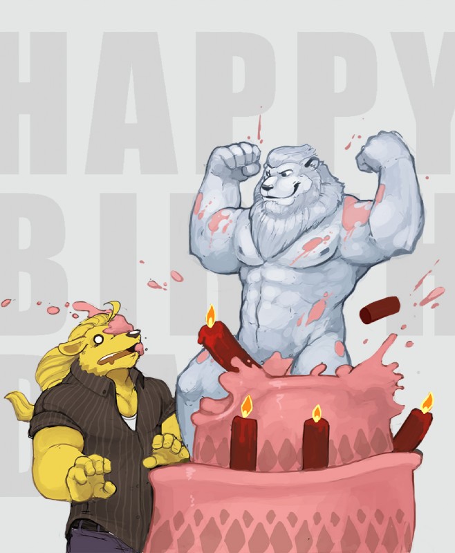 abs anthro belt biceps big_muscles blonde_hair blue_eyes bottomwear cake candle clothed clothing denim denim_bottomwear denim_clothing dessert duo empty_eyes fangs flexing food food_fetish food_play fur grey_body grey_fur grey_hair grin hair in_food jeans leucistic male male/male muscular muscular_male nipples nude open_mouth pants pecs pop_out_cake pose shirt smile surprise tank_top teeth tongue topwear white_eyes yellow_body yellow_fur redic-nomad hazardbarzard haz panja canid canine canis felid lion mammal pantherine wolf 2013