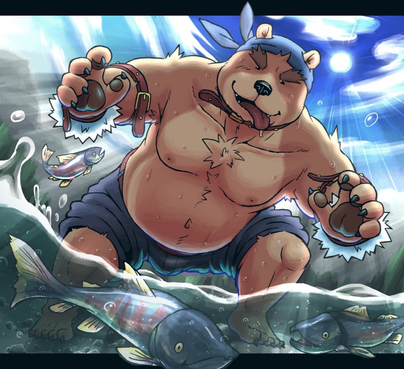 anthro belly black_nose detailed_background humanoid_hands male moobs navel nipples overweight overweight_male solo tongue tongue_out water wet kajimaru_0507 bear fish mammal marine 2019 hi_res