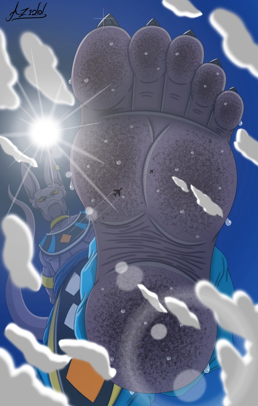 anthro barefoot bodily_fluids city_crushing claws crushed_micros dirty dirty_feet feet foot_crush foot_fetish foot_focus fur giga hairless landscape_dwarfing looking_at_viewer macro male plantigrade purple_body size_difference soles solo stomping sweat sweaty_feet tail text toe_claws toes az12lol dragon_ball dragon_ball_super dragon_ball_z beerus domestic_cat felid feline felis hairless_cat mammal sphynx_(cat) absurd_res digital_media_(artwork) english_text hi_res