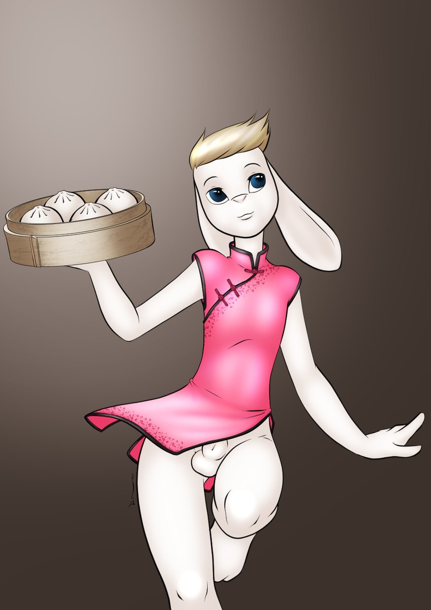 animal_genitalia anthro asian_clothing balls biped blonde_hair blue_eyes chinese_clothing chinese_dress clothed clothing dress dumplings east_asian_clothing femboy floppy_ears food front_view genitals green_clothing hair holding_object looking_away male no_underwear one_leg_up partially_clothed raised_leg sheath short_hair simple_background solo standing steamed_bun steamer_basket upskirt white_body danaume lagomorph leporid mammal rabbit 2023 hi_res