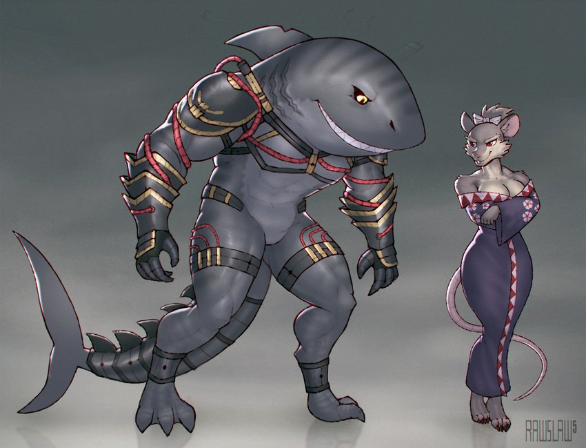 3_toes accessory anthro armor asian_clothing barefoot bow_ribbon breasts buckteeth centered_hair_bow claws cleavage clothed clothing crossed_arms crossgender digitigrade dorsal_fin duo east_asian_clothing feet female fin fur gills grey_body grey_fur grey_skin hair_accessory hair_bow hair_ribbon interspecies japanese_clothing kimono long_tail male male/female markings mtf_crossgender ribbons sharp_teeth smile striped_markings stripes tail tail_fin teeth toe_claws toes yellow_eyes rawslaw5 teenage_mutant_ninja_turtles armaggon_(tmnt) master_splinter mistress_splinter_(chochi) fish mammal marine murid murine rat rodent shark hi_res story story_in_description