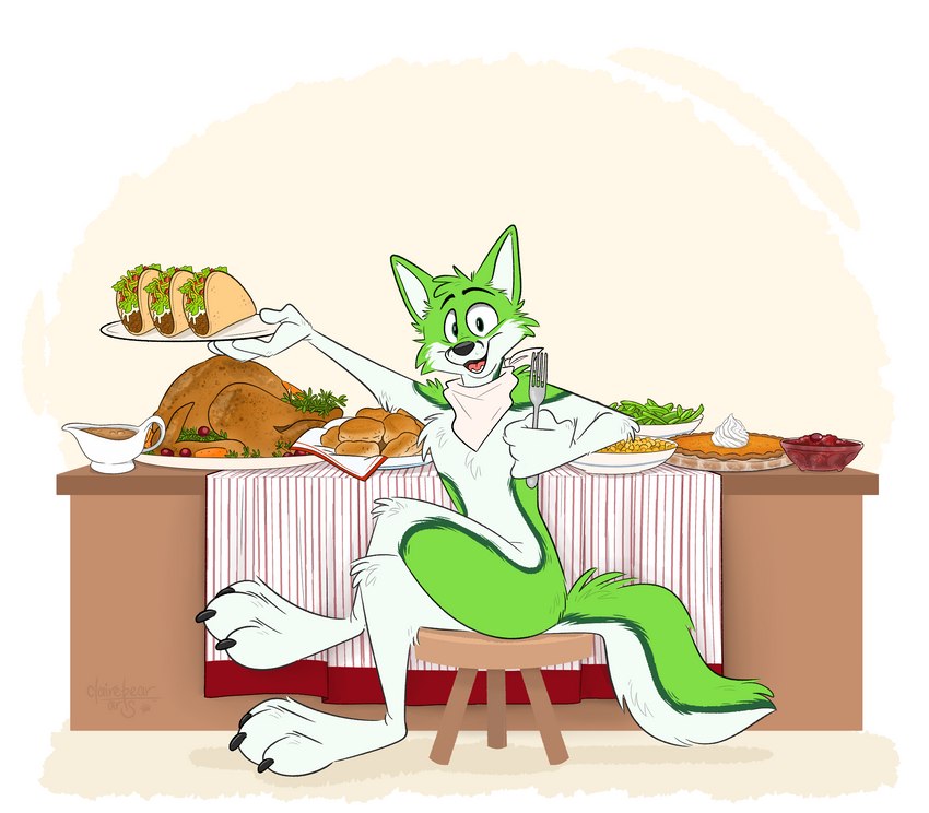 4_toes anthro black_nose bread claws corn dairy_products dessert feet food fruit fur furniture gravy green_beans green_body green_eyes green_fur hair holidays looking_at_viewer male open_mouth pastry pawpads paws pie plant pumpkin_pie roll simple_background smile solo table tablecloth taco text toe_claws toes whipped_cream whiskers white_body white_fur strawbear thanksgiving fidget_the_fox avian bird canid canine fox galliform mammal phasianid turkey absurd_res digital_media_(artwork) english_text hi_res signature