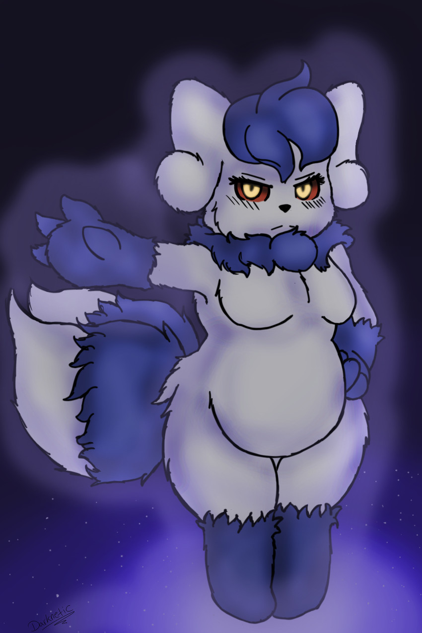 2_tails anthro blue_body blue_fur breasts eyelashes female fluffy fluffy_tail fur glowing glowing_eyes multi_tail simple_background slightly_chubby solo tail white_body white_fur darknetic fakemon nintendo pokemon amy_the_mystgoose generation_3_pokemon generation_6_pokemon hybrid meowstic pokemon_(species) zangoose 2:3 digital_media_(artwork) hi_res