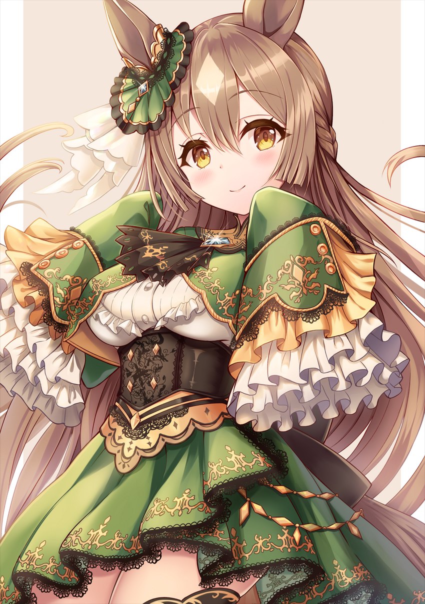 amber_eyes blush breasts clothed clothing dress female hair smile solo tan_hair sakura_ani cygames uma_musume_pretty_derby satono_diamond_(pretty_derby) animal_humanoid equid equid_humanoid equine equine_humanoid horse_humanoid humanoid mammal mammal_humanoid 2021 hi_res