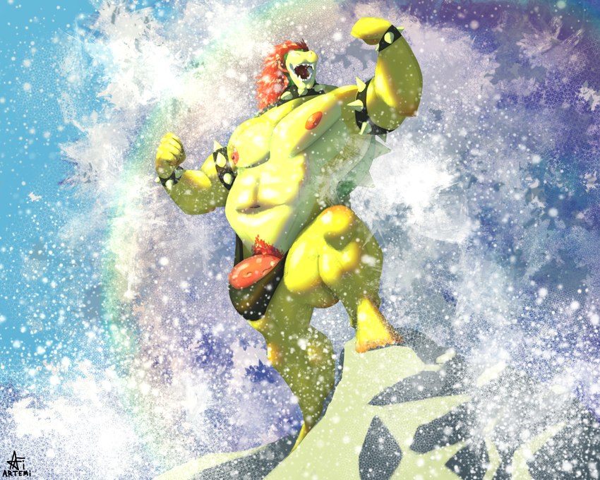 anthro armband barazoku barefoot barely_contained barely_contained_penis black_clothing black_thong black_underwear bracelet clothing collar day feet genitals jewelry male musclegut muscular muscular_anthro muscular_male navel nipples open_mouth outside penis pubes rock sea solo spiked_armband spiked_bracelet spiked_collar spikes splashing_water thong underwear water wave yellow_body artemi mario_bros nintendo bowser koopa scalie 5:4 absurd_res hi_res
