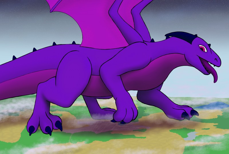 3_toes belly digitigrade feet female feral giga horn landscape_dwarfing macro membrane_(anatomy) membranous_wings outside paws purple_belly purple_body purple_skin purple_wings solo tail thick_tail toes tongue tongue_out wings nystemy_(artist) european_mythology mythology dragon mythological_creature mythological_scalie scalie western_dragon absurd_res hi_res