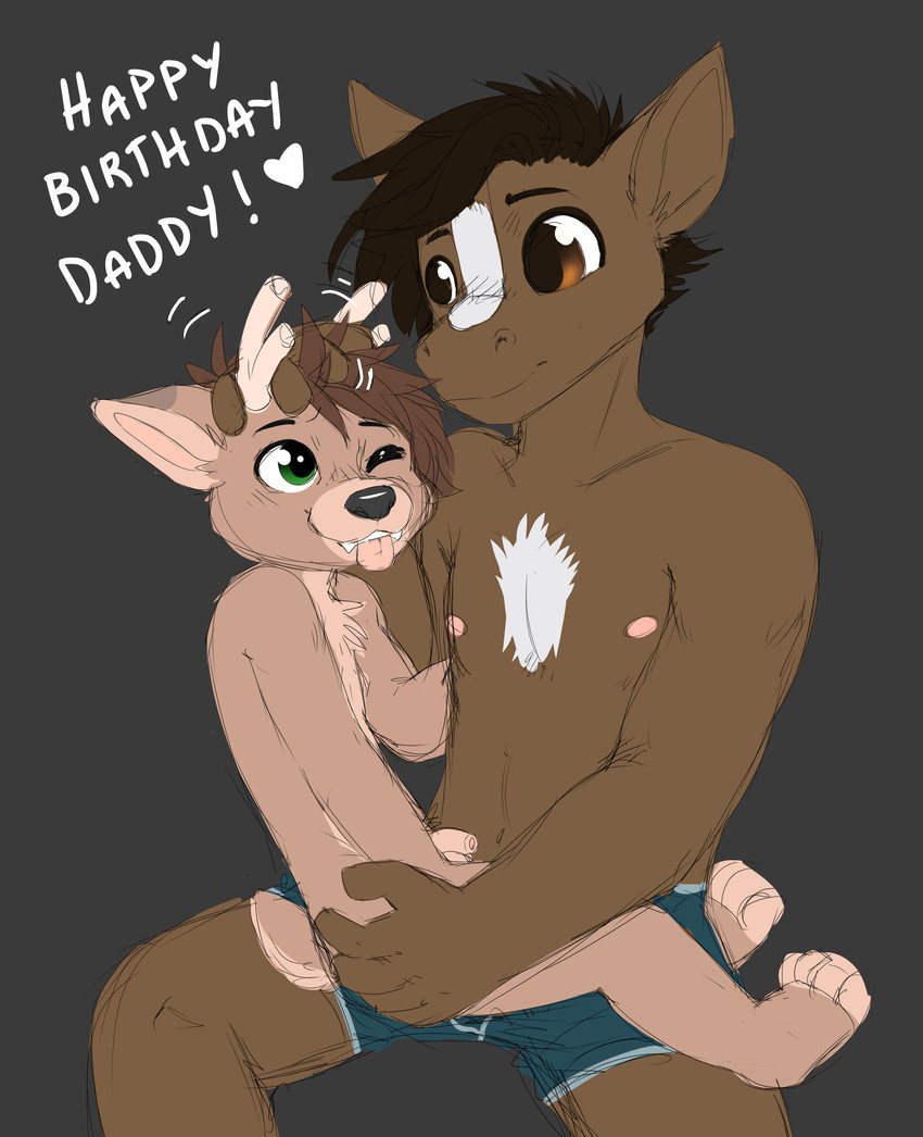 anthro birthday black_hair blep blue_clothing blue_underwear boxer_briefs clothing dialogue duo flaccid foreskin genitals grey_background hair looking_at_another looking_at_partner male male/male nipples on_lap one_eye_closed penis petting simple_background sitting sitting_on_lap smile text tongue tongue_out underwear young young_anthro lylejones elisquita lyle_jones deer equid equine horse mammal absurd_res colored english_text hi_res