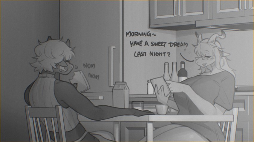 anthro biped breakfast clothed clothing detailed_background dialogue eating eating_food eyes_closed eyewear female glasses hair holding_object horn kitchen male nodding open_mouth sitting text sincrescent mima_(sincrescent) zock bovid caprine goat mammal 16:9 english_text hi_res widescreen