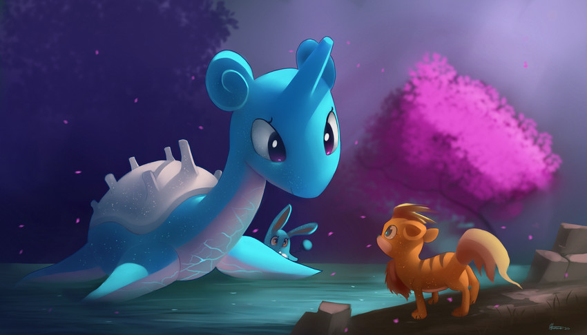 detailed_background group night outside purple_eyes sky star starry_sky trio auroriia nintendo pokemon azumarill generation_1_pokemon generation_2_pokemon growlithe lapras pokemon_(species) 2020 7:4 absurd_res colorful_theme digital_media_(artwork) hi_res