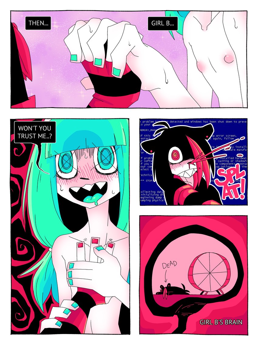 anthro armwear blood blue_eyes blue_fingernails blue_hair blue_nails blue_screen_of_death blush bodily_fluids brain breasts clothing colored_nails dialogue duo female female/female fingernails flat_chested hair hand_holding hand_on_breast humor nails nipples nosebleed nude organs pattern_armwear pattern_clothing red_fingernails red_nails striped_armwear striped_clothing stripes teeth text ponporio the_disappearance_of_girl_a girl_a girl_b cricetid felid hamster mammal rodent 3:4 absurd_res comic english_text hi_res